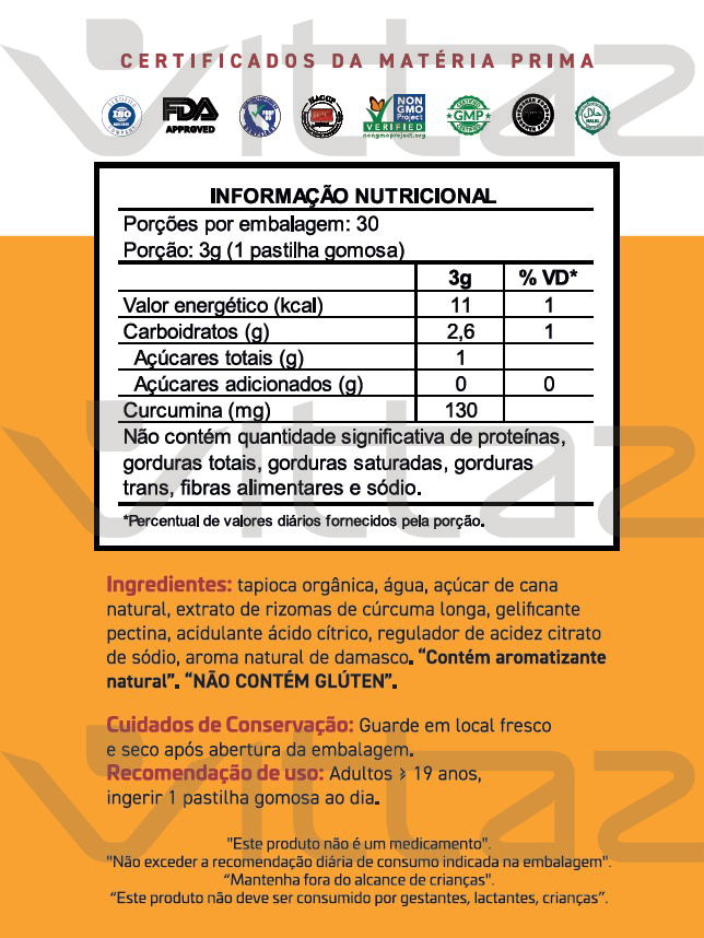 Informação nutricional e certificações da matéria-prima da cúrcuma Vittaz